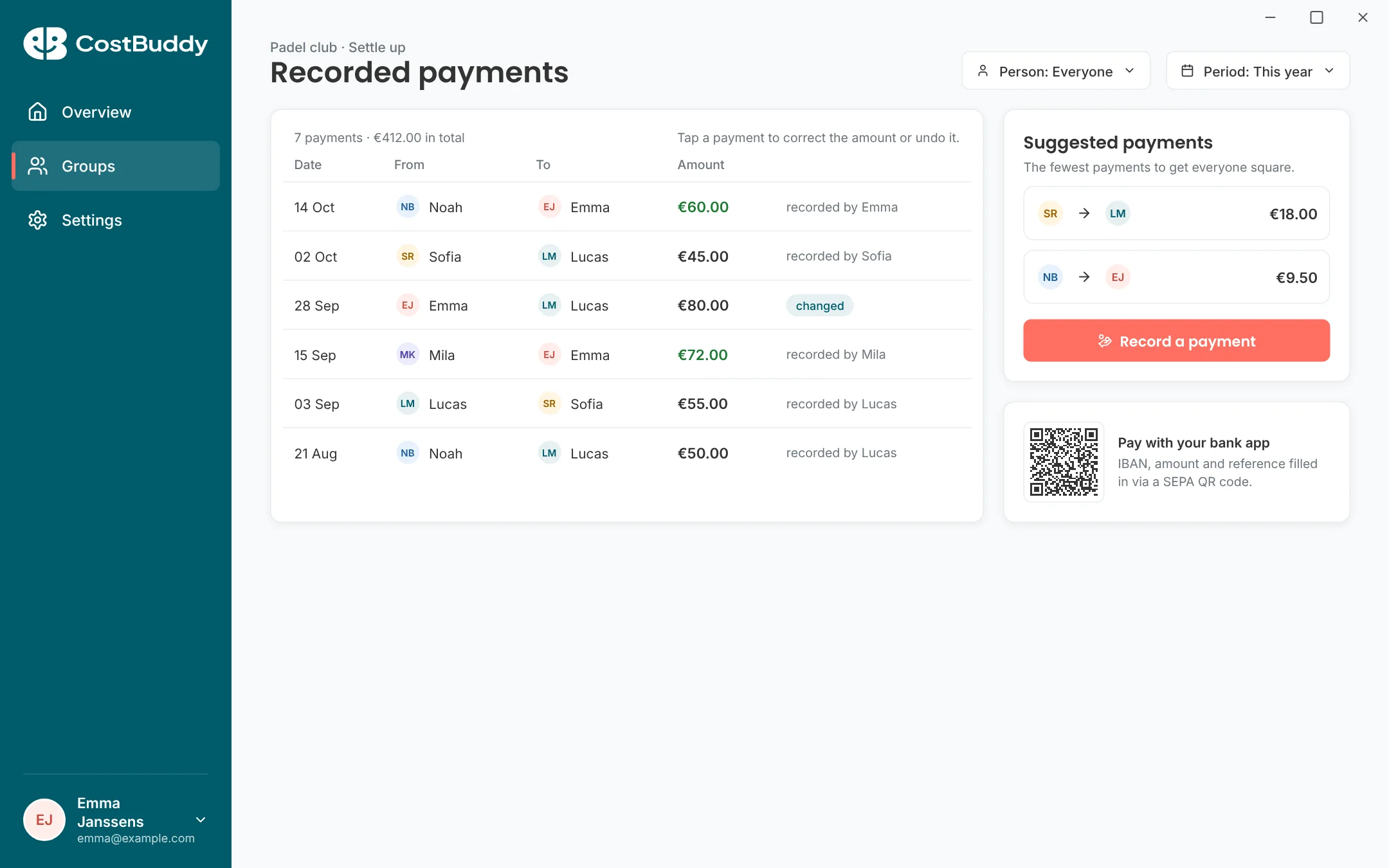 Recorded payments with filters for person and period
