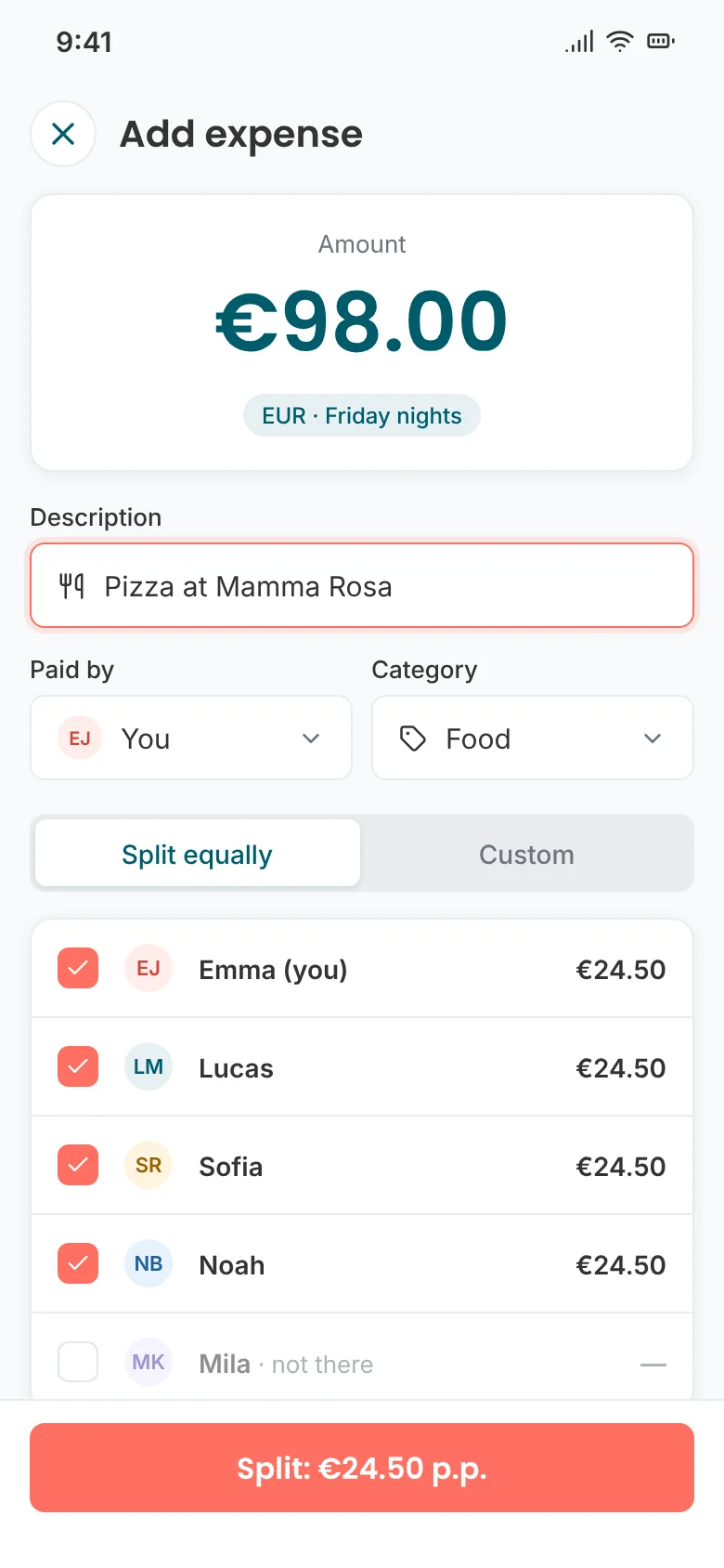 Add an expense and choose who takes part