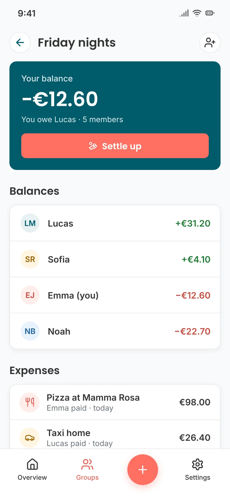 Group with each member's balance and the latest expenses