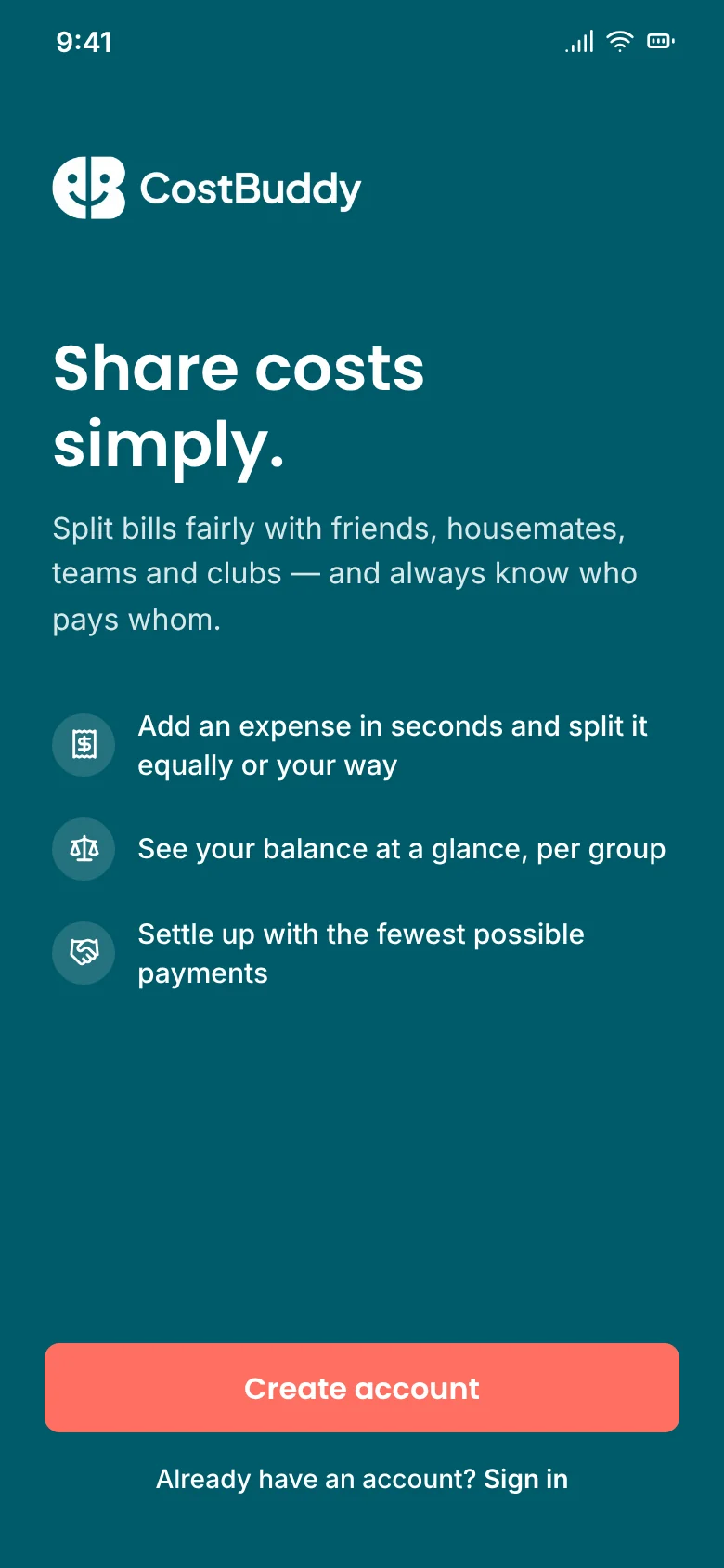 CostBuddy welcome screen